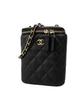 Chanel Shoulder Bag Quilted Caviar Leather Black Champagne Gold